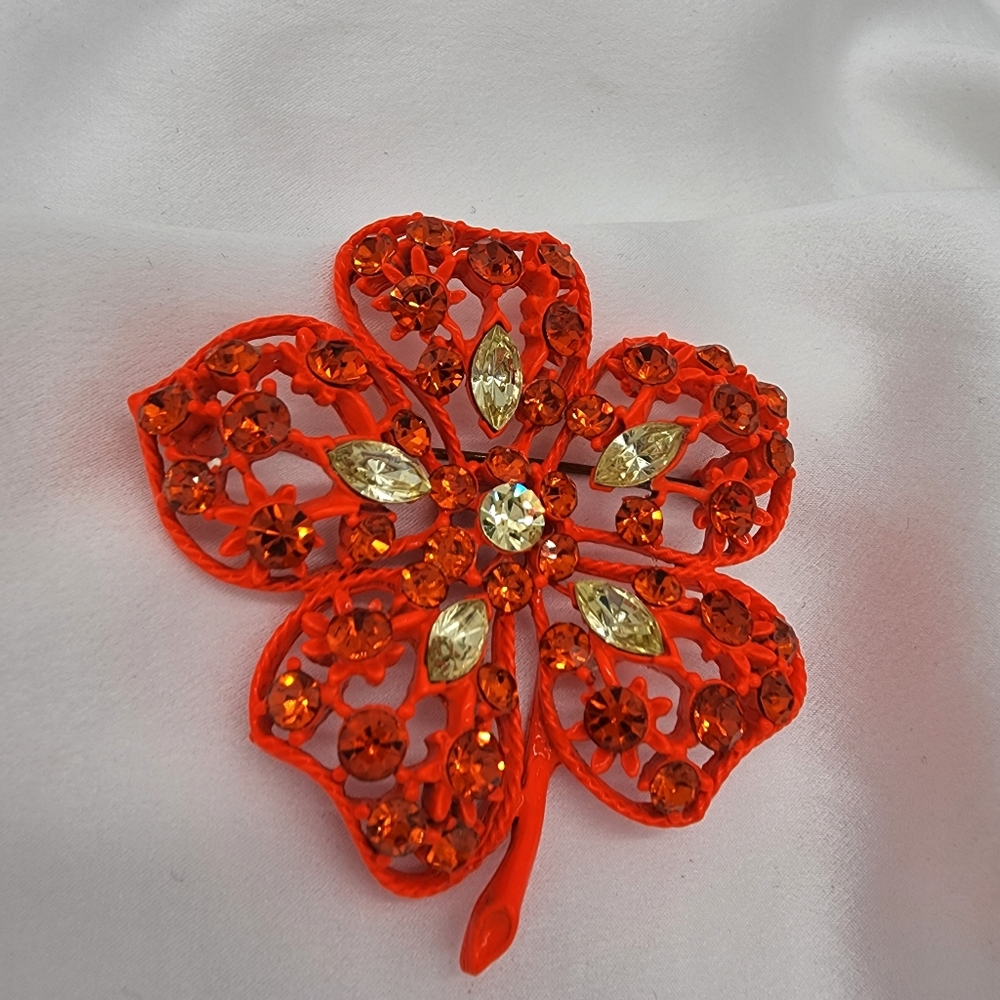 Vintage Orange Flower Brooch Yellow and Orange Crystals